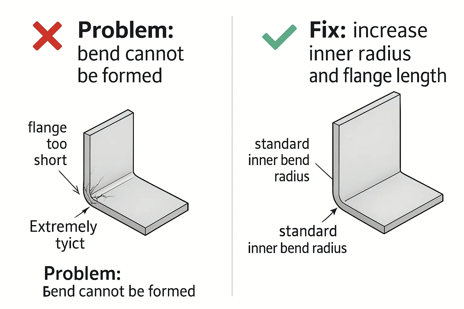 Side-by-side sheet metal design comparison: the left part has an extremely tight inner bend radius and a very short flange, causing cracks and an impossible bend; the right part shows the corrected design with a larger standard inner bend radius and a longer flange that meets tooling requirements, labeled “Problem: bend cannot be formed” and “Fix: increase inner radius and flange length”.