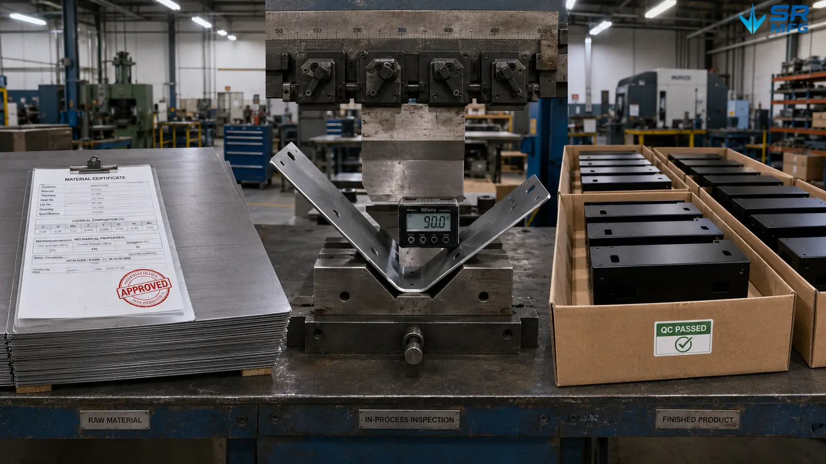 Three stages of sheet metal inspection: incoming material verification, in-process bending check, and final inspection before shipment