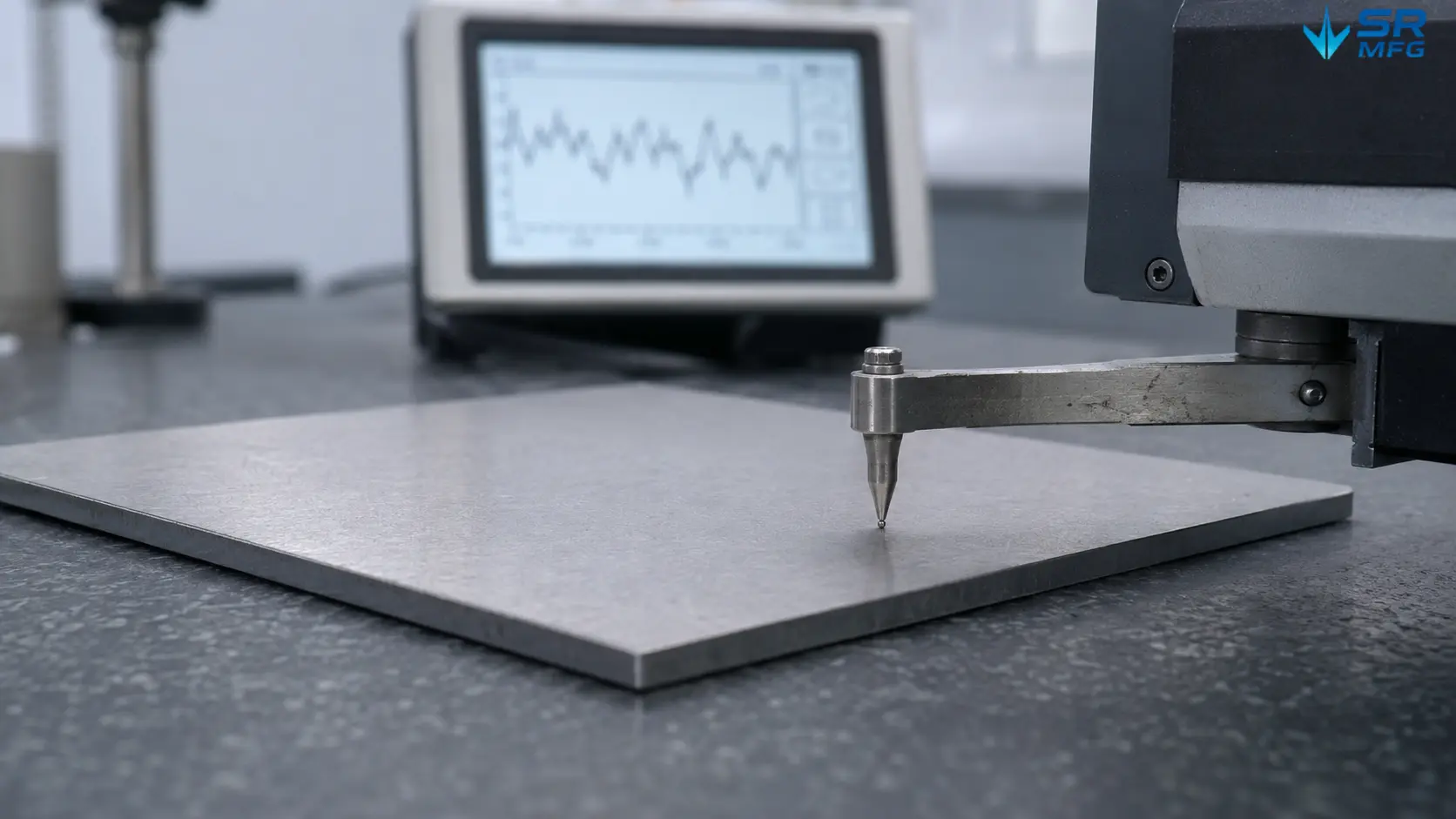 Contact profilometer diamond stylus measuring surface roughness on a 2mm steel test coupon in a quality control laboratory