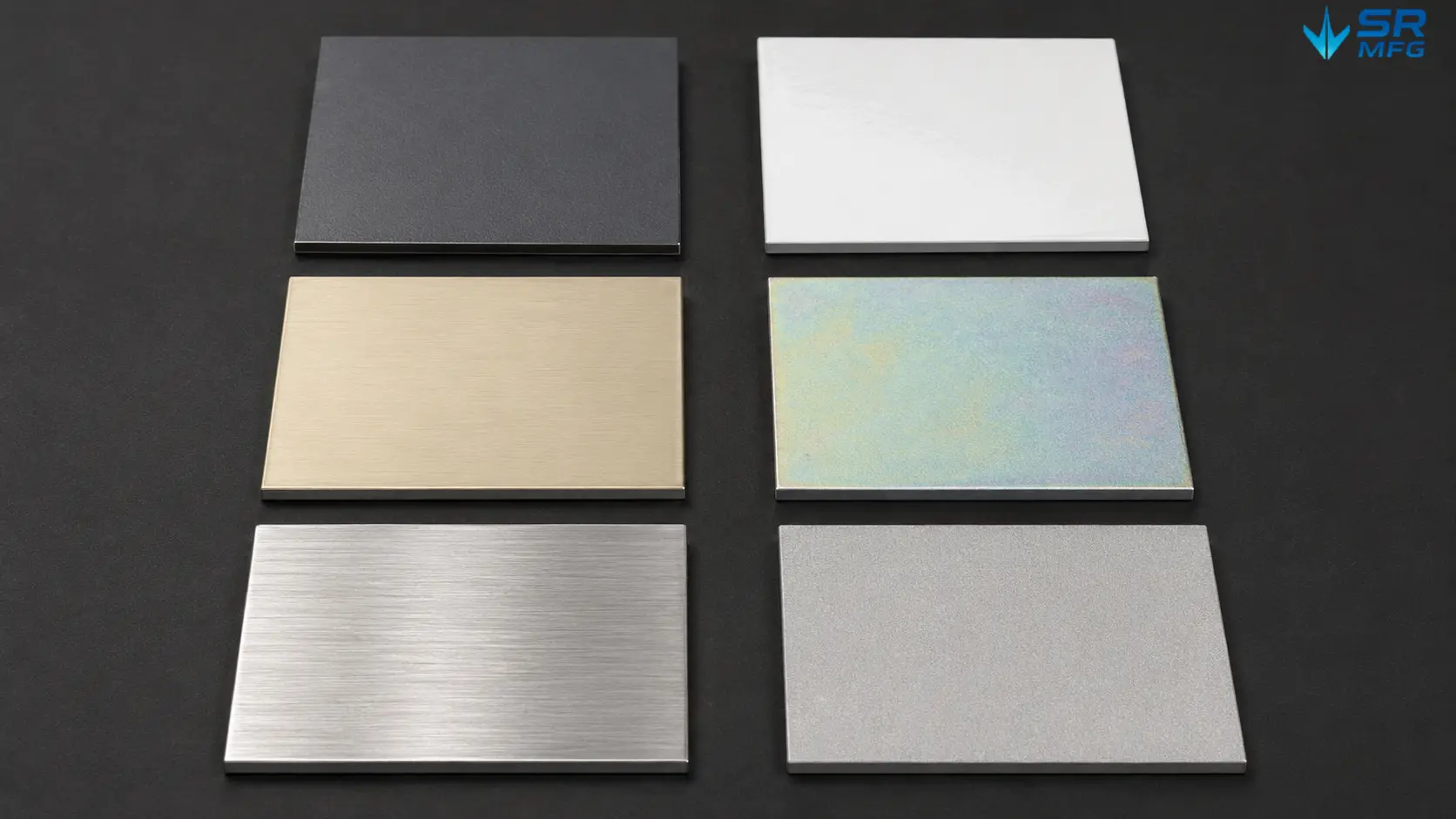 Six 1.5mm sheet metal samples displaying different surface treatments — powder coating, wet painting, anodizing, zinc plating, brushing, and sandblasting