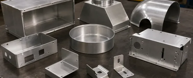 Various 3003 aluminum sheet metal formed parts including HVAC housings, stamped brackets, and drawn pans arranged on a dark workbench