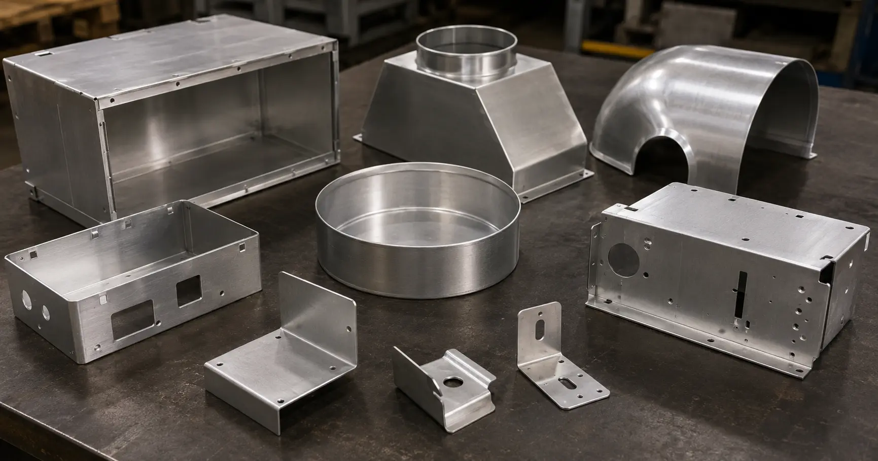 Various 3003 aluminum sheet metal formed parts including HVAC housings, stamped brackets, and drawn pans arranged on a dark workbench