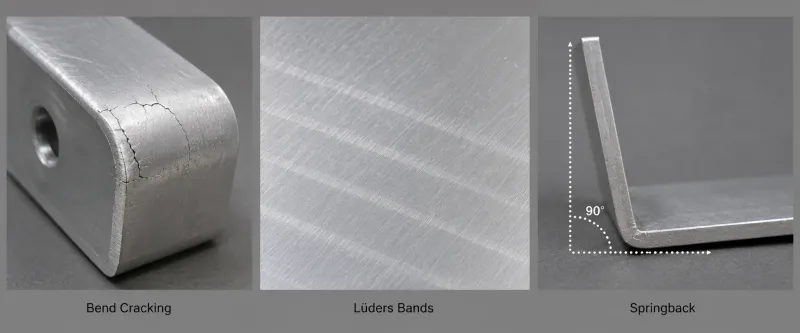 Reference photo showing three common forming defects in 3003 aluminum: bend cracking, Lüders bands, and springback