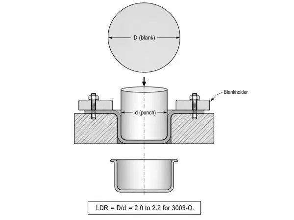 Cross-section engineering diagram of deep drawing process showing blank diameter, punch diameter, and limiting draw ratio for 3003-O aluminum