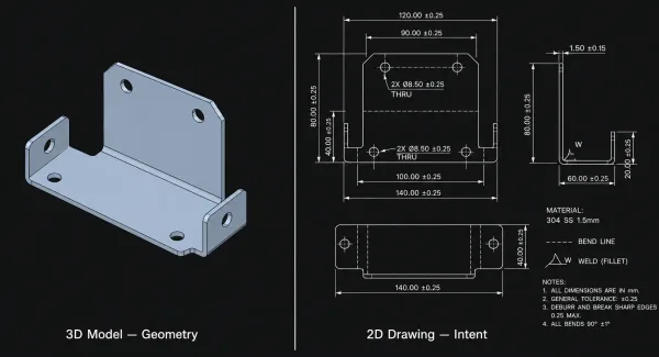Side-by-side comparison of a 3D CAD model showing geometry and a 2D engineering drawing showing manufacturing intent with tolerances and annotations
