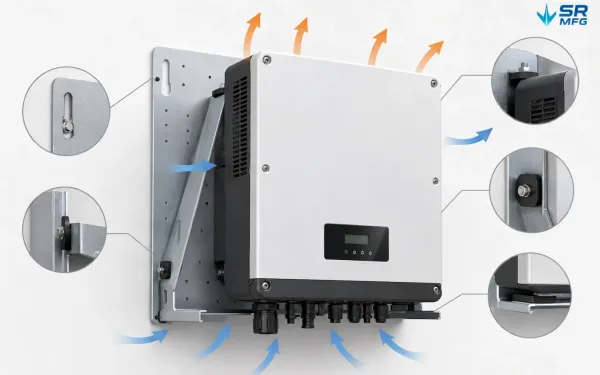 Structural and thermal design features of a solar inverter mounting bracket