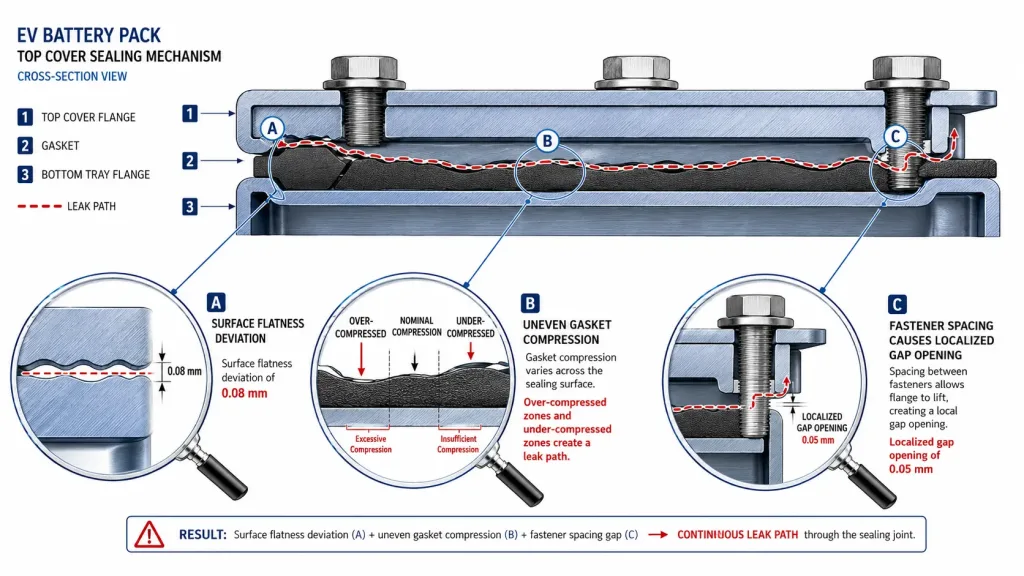 Cross-section diagram of EV battery pack top cover sealing failure mechanism — accumulated micro-deviations leading to IP67 breach