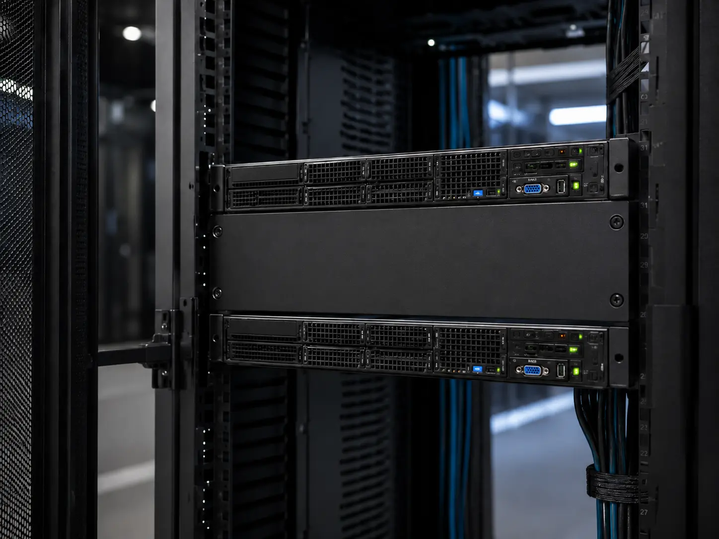 Custom 2U rack blank panel by SR MFG installed in a 19-inch server cabinet
