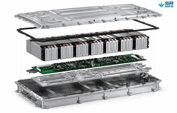 Exploded view of an EV battery pack showing the upper cover, gasket, battery modules, BMS, and lower tray components