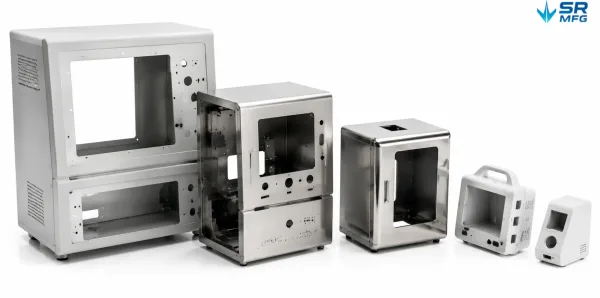 A range of custom sheet metal enclosures for different medical diagnostic equipment types including analyzers, imaging consoles, lab instruments, patient monitors, and POCT devices