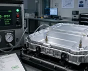 Exploded view of EV battery pack assembly showing top cover, bottom tray, side panels, and cell modules