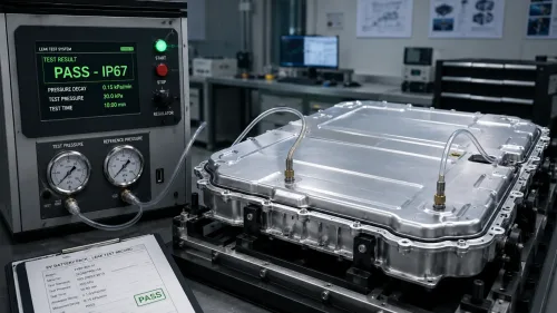 Exploded view of EV battery pack assembly showing top cover, bottom tray, side panels, and cell modules