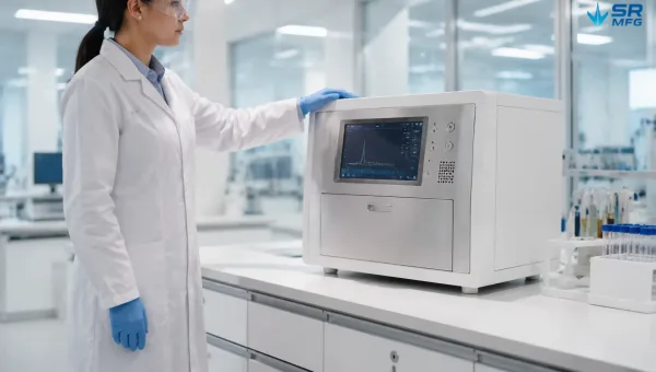 A medical diagnostic system with a precision sheet metal enclosure in a clinical laboratory setting, representing brand quality and professional appearance