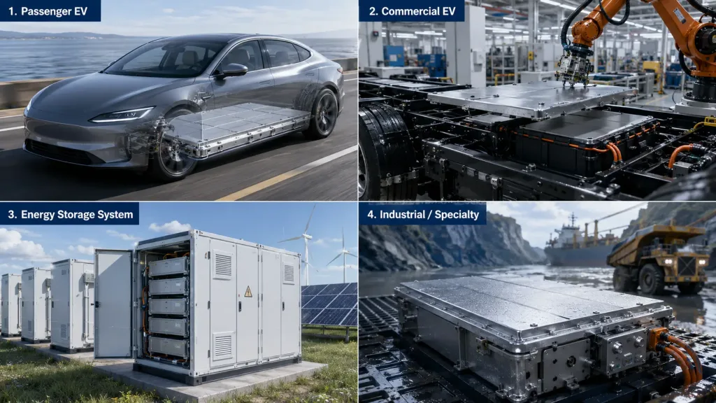 Four application scenarios for EV battery top covers — passenger EV, commercial EV, energy storage system, and industrial specialty housing