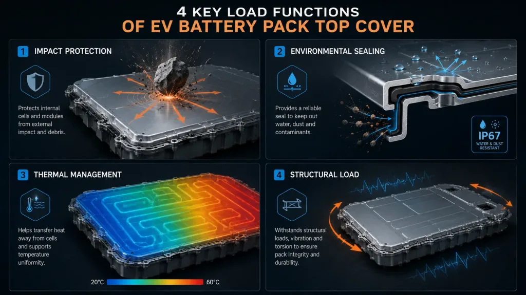 Infographic of four key load functions of EV battery pack top cover — impact protection, environmental sealing, thermal management, structural load