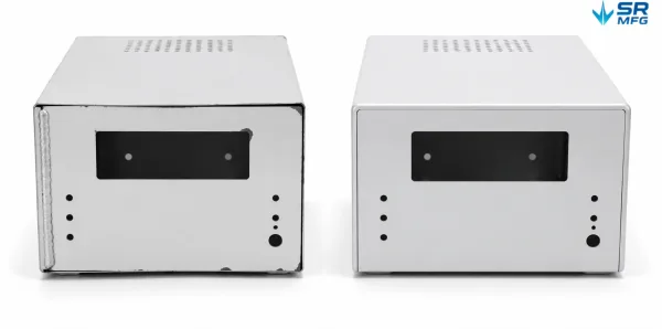 Side-by-side comparison of a poorly manufactured enclosure with misaligned panels and rough welds versus a precision-manufactured enclosure with flush joints and consistent gaps