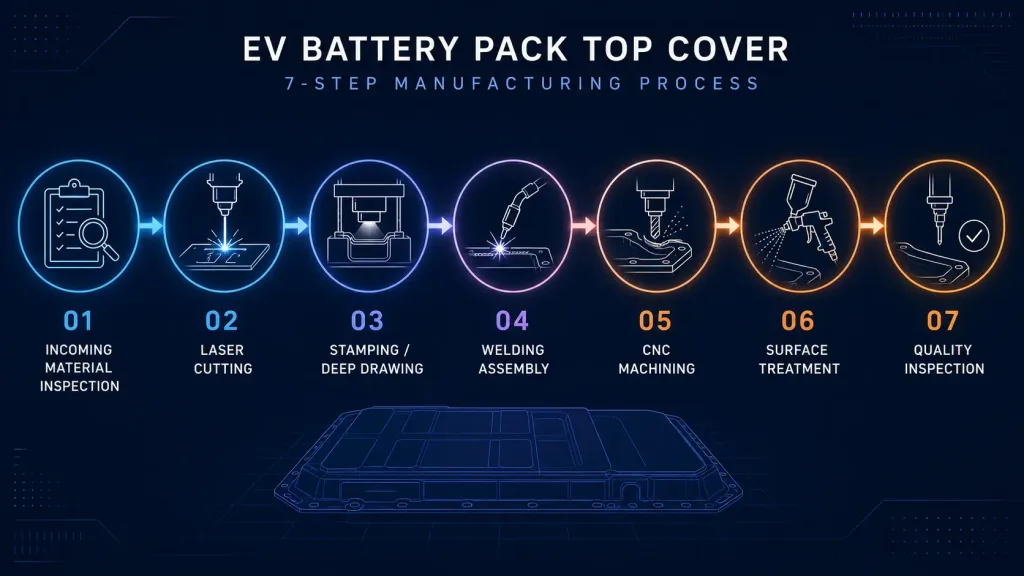 Seven-step manufacturing process flow for EV battery pack top cover — from incoming inspection to final quality check