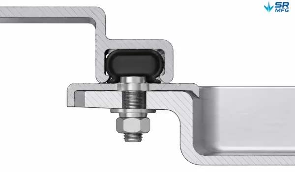 Cross-section showing the seal groove, EPDM gasket compression, and flange mating between upper cover and lower tray