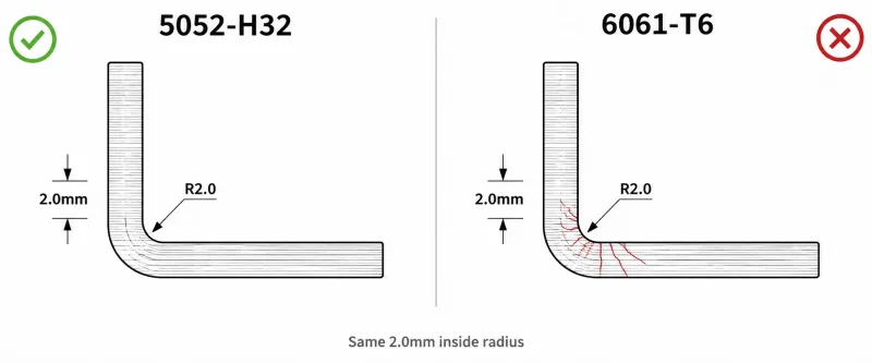 Cross-section comparison of 5052-H32 and 6061-T6 aluminum alloys bent at the same radius, showing 5052 bending cleanly and 6061 cracking at the inside radius