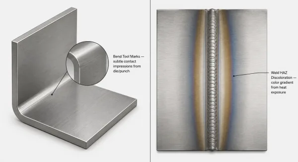 Split illustration showing bend tool marks on sheet metal and weld heat-affected zone discoloration on stainless steel