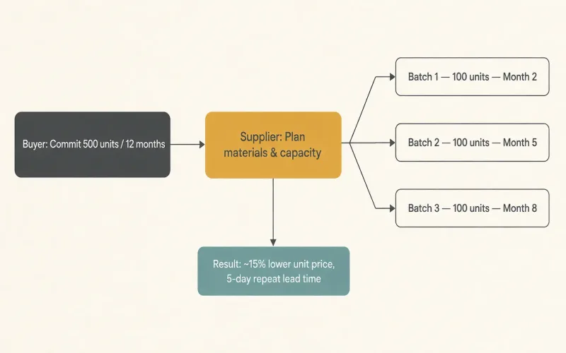Flow diagram illustrating how a blanket order works: buyer commits to 500 units over 12 months, supplier plans capacity, and delivers in batches with lower unit price and shorter lead times