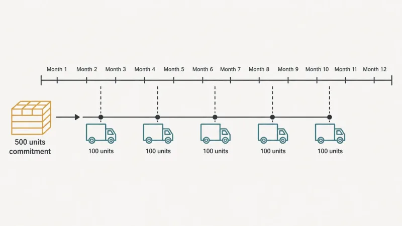 Infographic showing a blanket order timeline: 500 units committed over 12 months, delivered in five batches of 100 units each