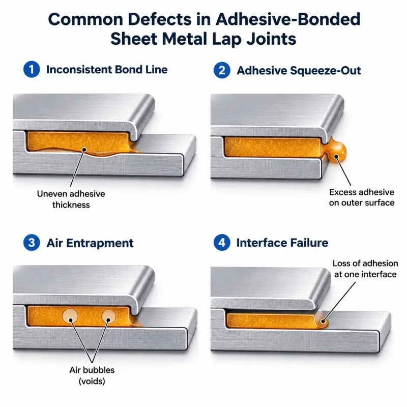 Cross-section diagrams of four common adhesive bonding defects in sheet metal: inconsistent bond line, squeeze-out, air entrapment, and interface failure