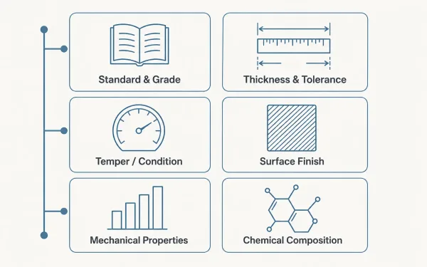 Diagram showing six core elements of a sheet metal material specification