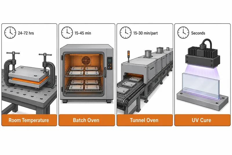 Comparison of four adhesive curing methods for sheet metal production: room temperature, batch oven, tunnel oven, and UV curing