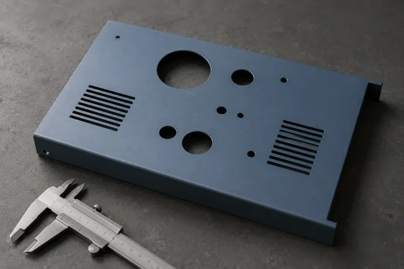 Custom laser-cut and bent aluminum enclosure panel with non-standard hole positions, ventilation slots, and powder-coated finish on a dark concrete surface