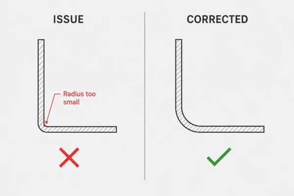 DFM comparison diagram showing an incorrect bend radius with too-tight tolerance versus a corrected bend radius for sheet metal forming