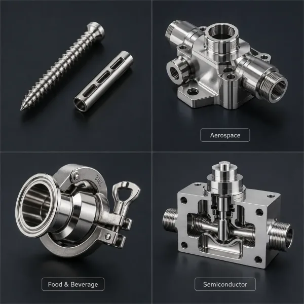 Four electropolished stainless steel components for different industries: medical implants, aerospace fittings, food-grade sanitary hardware, and semiconductor fluid-handling parts