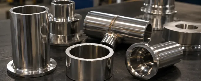 Electropolished stainless steel parts on workbench showing surface finish quality and subtle defects