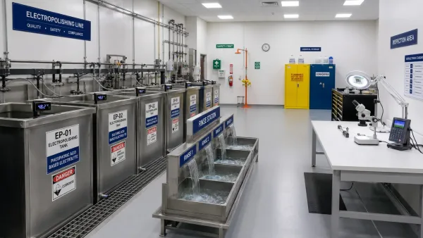 Clean and organized electropolishing production floor with labeled tanks, rinse stations, temperature gauges, and a dedicated inspection area