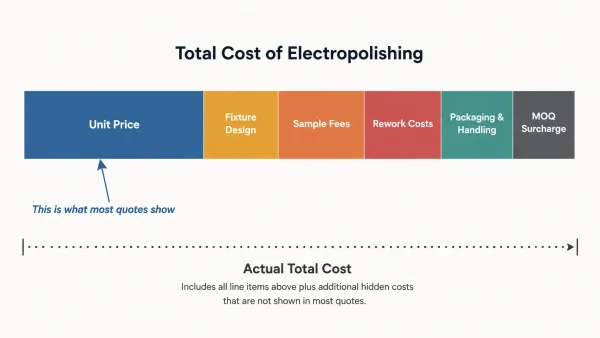 Stacked bar infographic showing the hidden costs of electropolishing beyond the quoted unit price, including fixtures, samples, rework, packaging, and MOQ surcharges