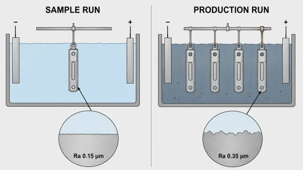 Technical comparison diagram showing quality differences between electropolishing sample runs and production runs due to bath chemistry drift and fixture wear