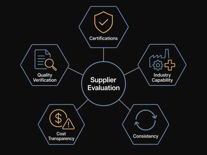 Five-pillar framework diagram for evaluating electropolishing suppliers: certifications, quality verification, industry capability, cost transparency, and production consistency