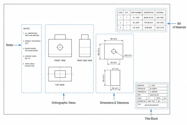 Annotated layout diagram showing the standard zones of a 2D engineering drawing including title block, orthographic views, dimensions, notes, and bill of materials