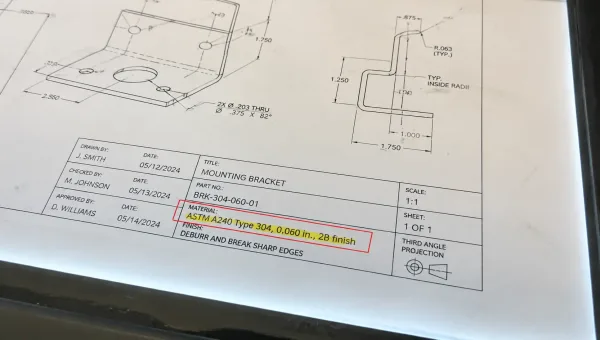 Close-up of an engineering drawing title block showing a material specification callout
