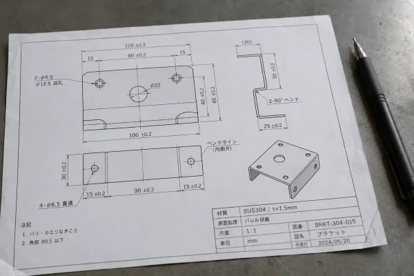 Close-up of an engineering drawing for a sheet metal bracket showing dimension callouts, tolerance specifications, and material grade annotations