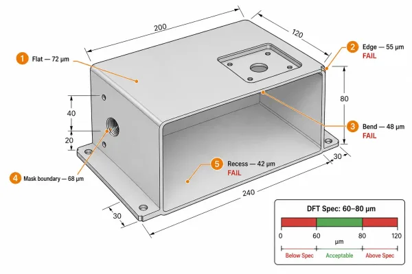 Technical cross-section diagrams illustrating five common sheet metal powder coating challenges — edge coverage, bend thickness variation, Faraday cage effect, masking complexity, and hanging contact points