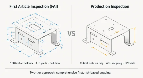 Side by side comparison diagram of first article inspection breadth versus production inspection focus in sheet metal manufacturing