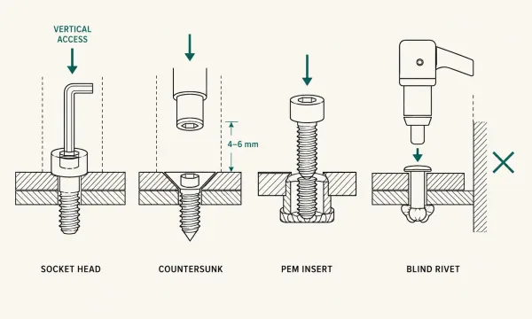 Technical cross-section comparison of four fastener types showing tool approach direction and access requirements