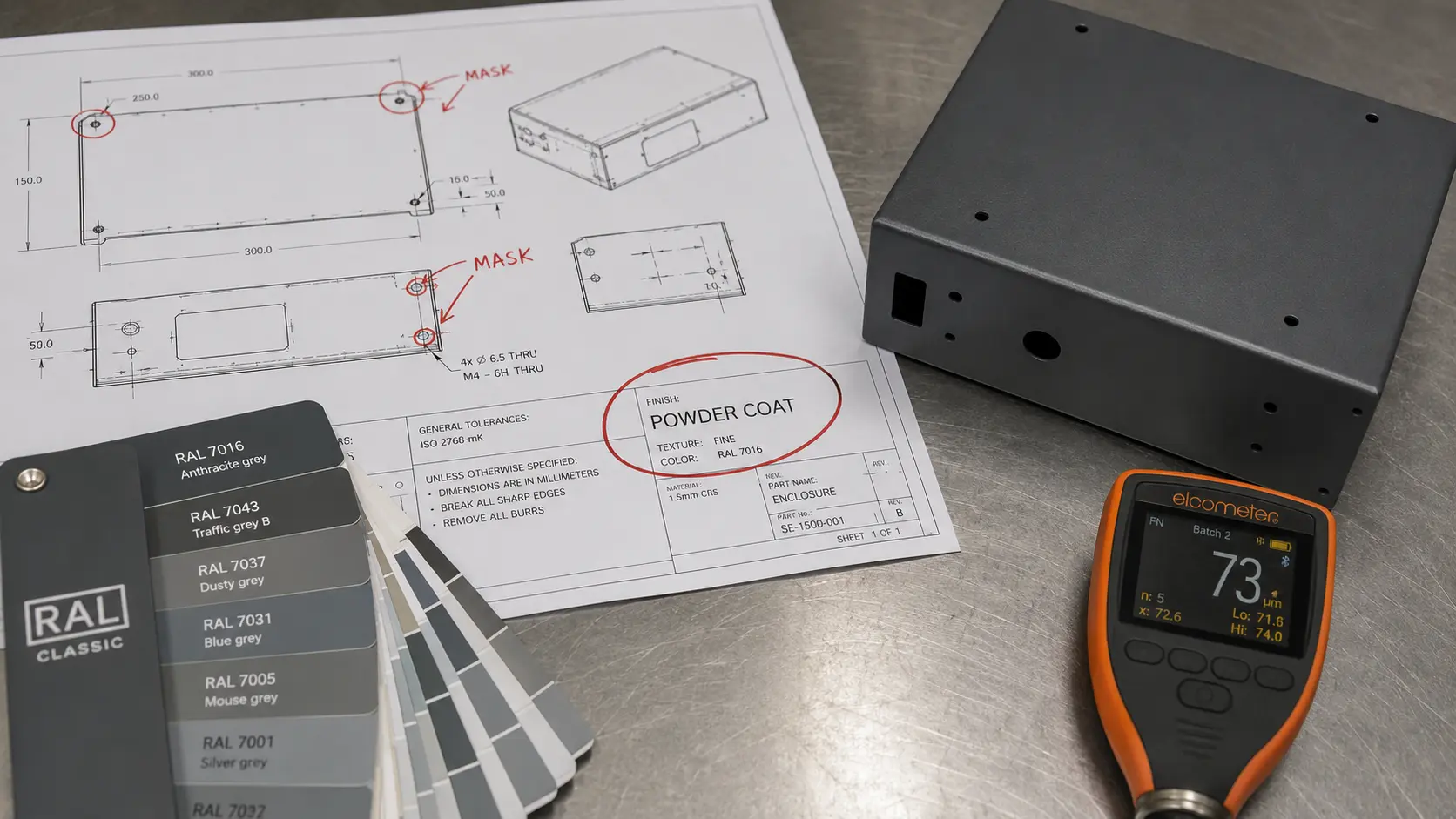 Engineering drawing with powder coating callout annotations next to a coated sheet metal part on a workbench