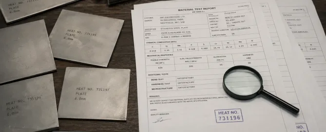 Material Test Reports and metal sheet samples on a factory inspection table