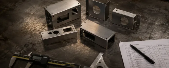 Sheet metal fabricated parts placed next to digital calipers and an inspection checklist on a metal workbench
