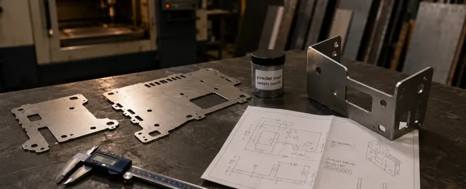 Flat lay of sheet metal fabrication workspace showing laser-cut blanks, bent bracket, caliper, and engineering drawing on industrial workbench