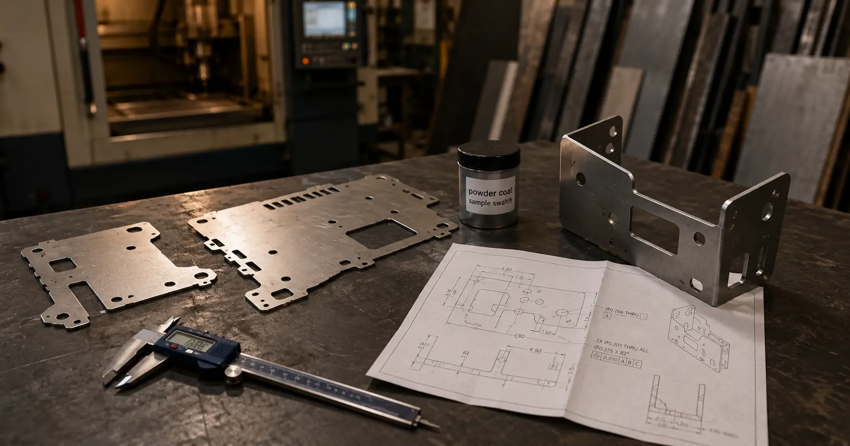 Flat lay of sheet metal fabrication workspace showing laser-cut blanks, bent bracket, caliper, and engineering drawing on industrial workbench