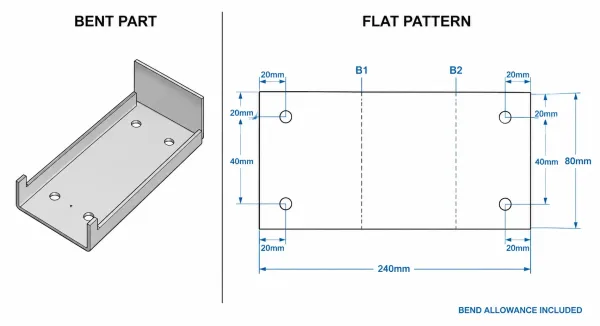 Side-by-side comparison of a bent U-channel sheet metal part and its corresponding flat pattern with bend lines, dimensions, and hole positions marked