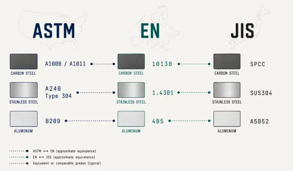 Comparison illustration of ASTM, EN, and JIS material standards for sheet metal